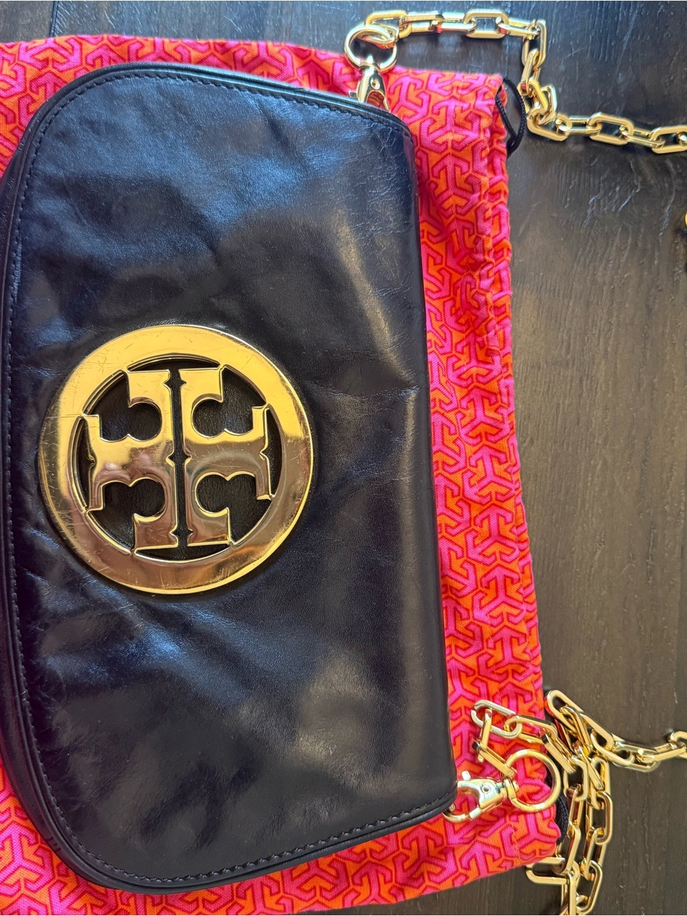 Tory Burch Black Leather Crossbody with Gold Logo and Chain